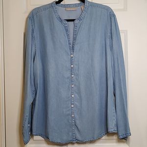 Kate Hill Denim Split Neck Long Sleeve Button Down Shirt Vintage